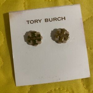 Tory Burch Gold and Tan Logo Stud Earrings